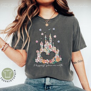 Comfort Colors® Happiest Place on Earth Shirt, Disney Castle Floral Shirt, Magic Kingdom Shirt, Disneyland Shirt, Retro Disneyworld Shirt