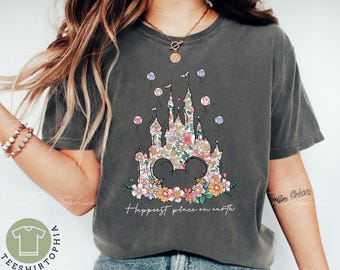 Comfort Colors® Happiest Place on Earth Shirt, Disney Castle Floral Shirt, Magic Kingdom Shirt, Disneyland Shirt, Retro Disneyworld Shirt