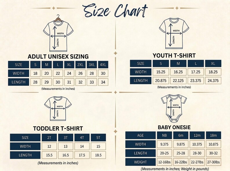 Puede incluir: Tabla de tallas para camisetas unisex para adultos, j&oacute;venes, ni&ntilde;os peque&ntilde;os y bodies. Incluye medidas en pulgadas para ancho y largo, y peso en libras para bodies. Tallas desde la S hasta la 4XL.