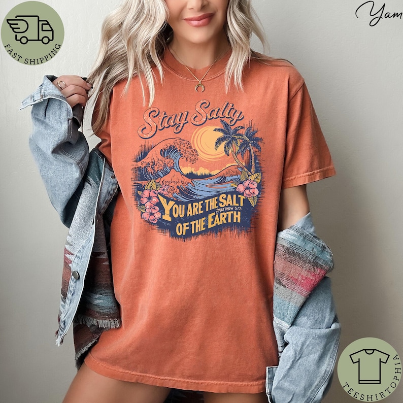 Comfort Colors Stay Salty Shirt, Christian Surf T-shirt, Salt of the Earth Graphic Tee, Matthew 5:13 Faith Tshirt, Coastal Boho Beach Tee image 7