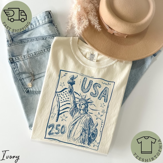 Comfort Colors Statue of Liberty Shirt, USA 250 Vintage America Tee, 4th of July T Shirt, Retro Patriotic Graphic Tee, American Flag Shirt