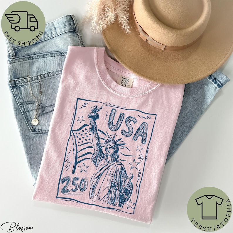 Chemise Statue de la Liberté couleurs confort, t-shirt USA 250 vintage America, t-shirt 4 juillet, t-shirt graphique patriotique rétro, chemise drapeau américain image 3