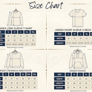 May include: A size chart for unisex apparel, including long sleeve t-shirts, short sleeve V-neck t-shirts, crewneck sweatshirts, and hoodies. Measurements are in inches, with sizes ranging from S to 3XL. The chart includes width, length, and sleeve dimensions.