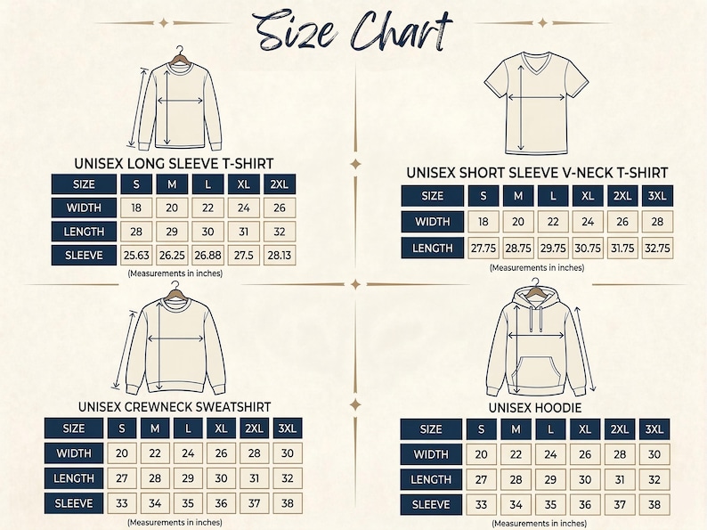 May include: A size chart for unisex apparel, including long sleeve t-shirts, short sleeve V-neck t-shirts, crewneck sweatshirts, and hoodies. Measurements are in inches, with sizes ranging from S to 3XL. The chart includes width, length, and sleeve dimensions.