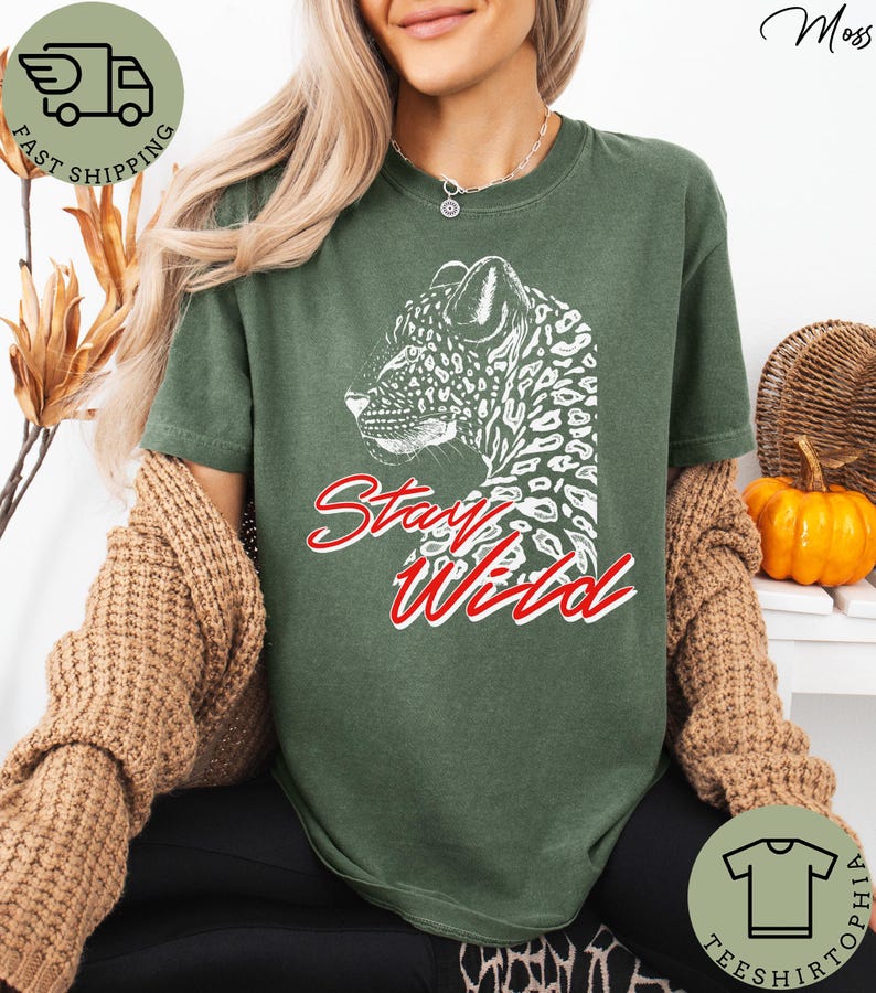 Comfort Colors Stay Wild T-Shirt, Vintage Leopard Print Tee, Retro Cheetah Graphic, Trendy Boho Western Aesthetic, Edgy Animal Shirt image 7