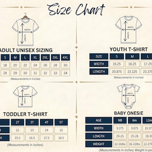 May include: Size chart for adult unisex, youth, toddler t-shirts, and baby onesies. Includes measurements in inches for width and length. Baby onesie measurements also include weight in pounds.
