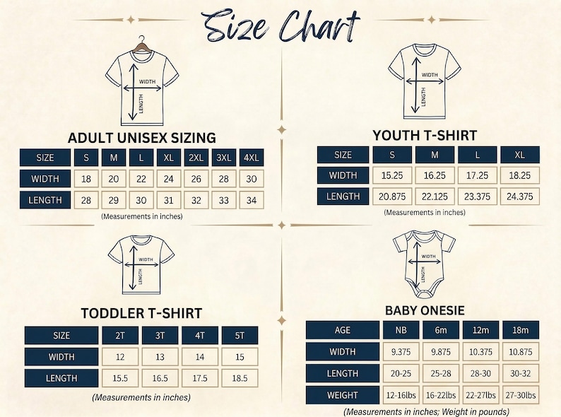 May include: Size chart for adult unisex, youth, toddler t-shirts, and baby onesies. Includes measurements in inches for width and length. Baby onesie measurements also include weight in pounds.