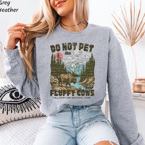 Puede incluir: Sudadera deportiva gris jaspeada con un gr&aacute;fico que dice "Do Not Pet the Fluffy Cows" sobre un paisaje del Parque Nacional de Yellowstone. El dise&ntilde;o presenta un bisonte, &aacute;rboles, monta&ntilde;as y un r&iacute;o. La sudadera es de cuello redondo y manga larga.