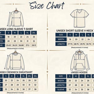 May include: A size chart for unisex apparel, including long sleeve t-shirts, short sleeve V-neck t-shirts, crewneck sweatshirts, and hoodies. Measurements are in inches, with sizes ranging from S to 3XL. The chart includes width, length, and sleeve dimensions.