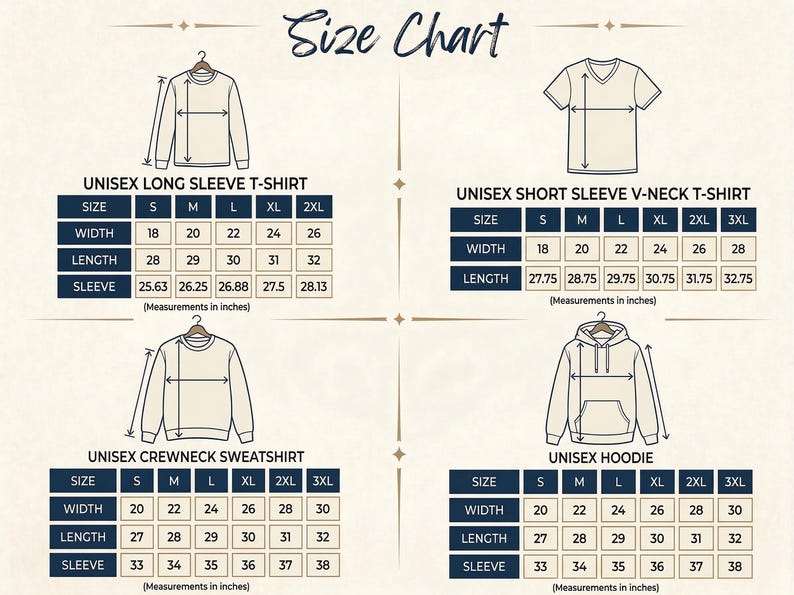 May include: A size chart for unisex apparel, including long sleeve t-shirts, short sleeve V-neck t-shirts, crewneck sweatshirts, and hoodies. Measurements are in inches, with sizes ranging from S to 3XL. The chart includes width, length, and sleeve dimensions.