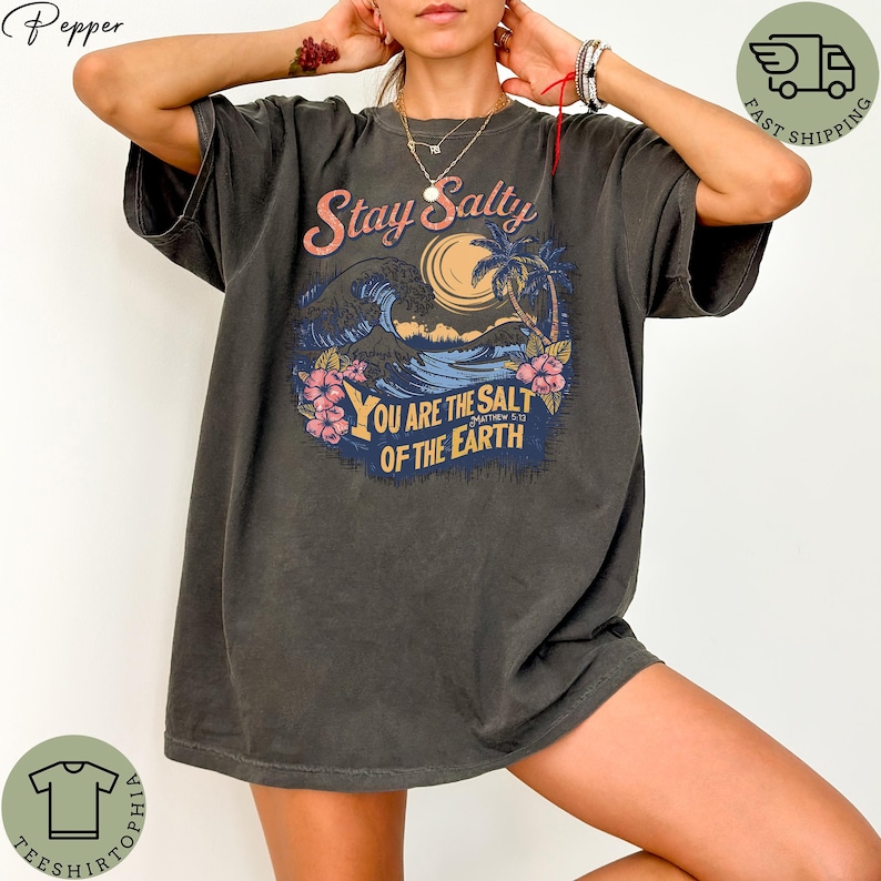 Comfort Colors Stay Salty Shirt, Christian Surf T-shirt, Salt of the Earth Graphic Tee, Matthew 5:13 Faith Tshirt, Coastal Boho Beach Tee image 4
