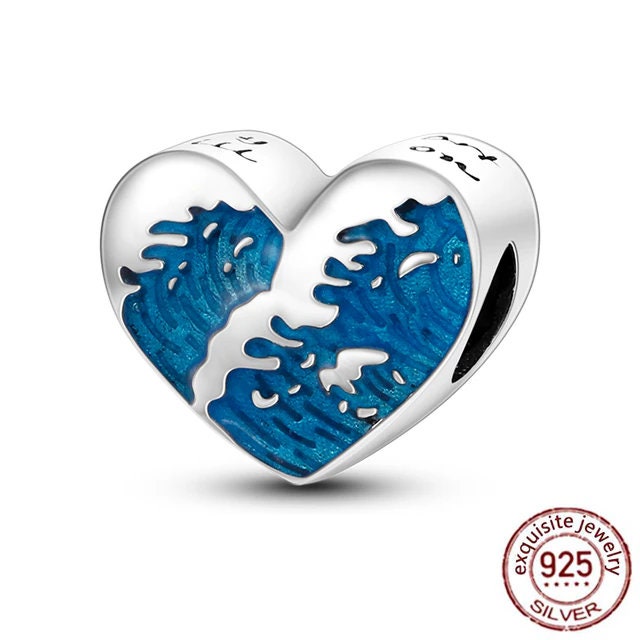 Charm Fits Pandora Original Bracelet 925 Ocean Heart Top Engraved