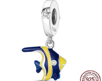 Charm Fits Pandora Original Bracelet 925 Silver Blue Yellow Angel Fish smaller charm