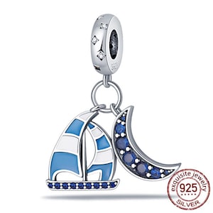 Charm Fits Pandora Original Bracelet 925 Silver Sailboat Moon