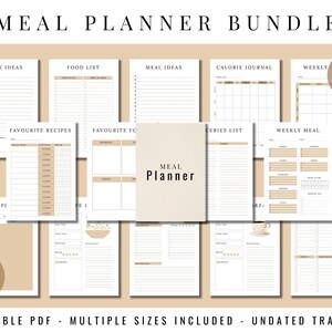 Könnte beinhalten: Ein druckbares Meal-Planner-Paket mit 25 Seiten. Die Seiten beinhalten Abschnitte für Snack-Ideen, Lebensmittellisten, Speiseideen, Kalorientagebücher, wöchentliche Speisepläne, Lieblingsrezepte, Einkaufslisten und Rezeptplanung. Die Seiten sind beige und weiß mit braunen Akzenten. Der Text "MEAL PLANNER BUNDLE" befindet sich oben im Bild. Der Text "EDIT IN CANVA" befindet sich in der oberen rechten Ecke des Bildes. Der Text "PRINTABLE PDF - MULTIPLE SIZES INCLUDED - UNDATED TRACKERS" befindet sich unten im Bild.