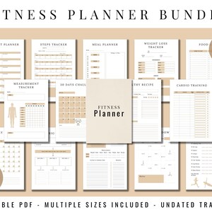 May include: A printable fitness planner bundle with 39 pages. The pages include trackers for workouts, steps, meals, weight loss, food, measurements, a 30-day challenge, healthy recipes, and cardio training. The pages are in a beige and white color scheme with a minimalist design. The text "EDIT IN CANVA" is in the top right corner of the image.