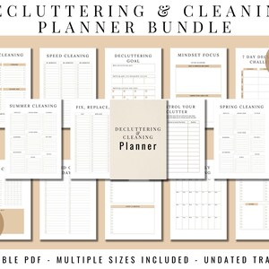 May include: A printable planner bundle with 32 pages for decluttering and cleaning. The pages include sections for daily cleaning, speed cleaning, decluttering goals, mindset focus, a 7-day decluttering challenge, summer cleaning, fix and replace, controlling clutter, spring cleaning, and task checklists. The planner is editable in Canva.