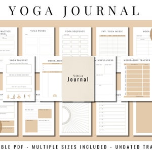 Editable Beige Yoga Journal PDF - Registros de yoga y meditación, atención plena diaria, gratitud, seguimiento mensual semanal, afirmaciones, registro de hábitos