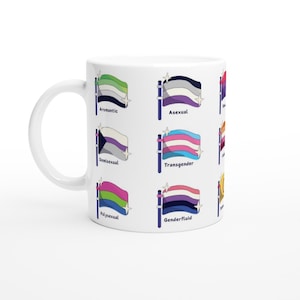 以下が含まれることがあります： カラフルなプライドフラッグとテキストラベルが描かれた白いセラミックマグカップ。アロマンティック、アセクシュアル、デミセクシュアル、トランスジェンダー、ポリセクシュアル、ジェンダーフルイド。