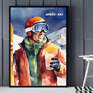 Apres Ski Wall Art, Vintage Prints, Retro Ski Painting, Ski Painting Digital Wall Art, Ski Art, Gift for Skiers, Ski Print, Winter Art Print