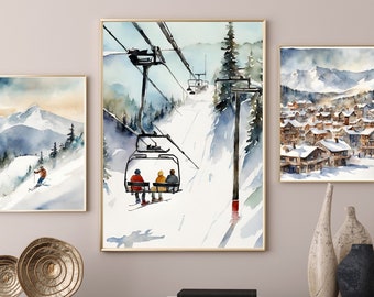 Set of 3 Ski Print, Ski Painting Digital Wall Art, Christmas Decor, Ski Art, Gift for Skiers, Ski Print, Digital Download, Winter Art Print