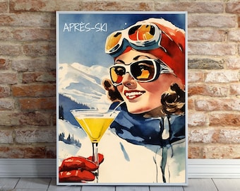 Apres Ski Wall Art, Vintage Prints, Retro Ski Painting, Ski Painting Digital Wall Art, Ski Art, Gift for Skiers, Ski Print, Winter Art Print