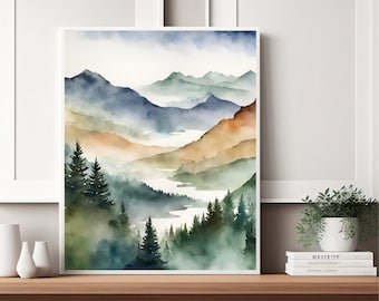 水彩画の森の風景プリント：ミニマリストの自然壁アート（デジタルダウンロード）