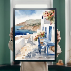 Greece Art Print, Watercolor Print, Wall Art Beach, Santorini, Island Wall Art, Greek Island Painting, Greek Art, Mediterranean Art