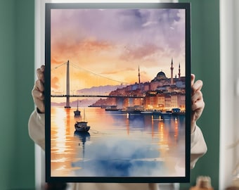 Istanbul Wall Art, Sunset Watercolor Wall Art, Cityscape Painting, Turkey Landscape Decor, Turkey Art Print, Istanbul Print, Sunset Art