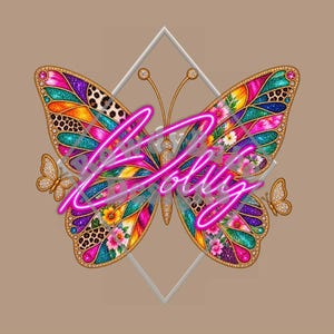May include: A large butterfly graphic featuring stained glass-style wings with vibrant sections of leopard print, floral patterns, and glittery colors. The word Lolly is written in a bright pink neon script font across the center of the butterfly.
