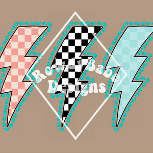 May include: Three lightning bolt designs with different patterns: a pink and white checkered pattern, a black and white checkered pattern, and a light blue checkered pattern. Each bolt is outlined in black and has a turquoise dotted border. The background is a solid tan color.