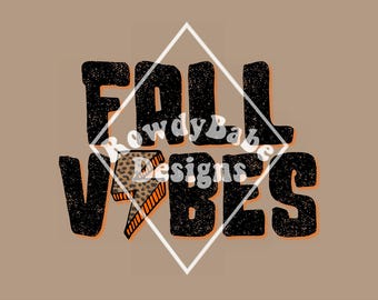 May include: Black and white graphic text that reads "FALL VIBES" with a leopard print lightning bolt in the centre. The text is in a distressed font and the background is a light brown.