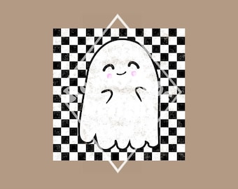 May include: A white ghost with a smiling face and rosy cheeks is on a black and white chequered background.