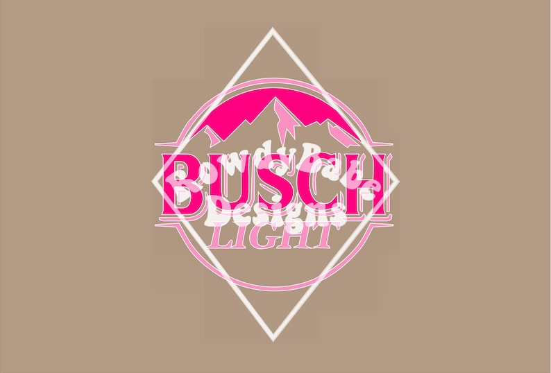 May include: A graphic design featuring the words "BUSCH LIGHT" in pink, with a mountain range graphic, inside a white diamond shape. The words "Rowdy Babe Designs" are also present in the design, all set against a tan background.