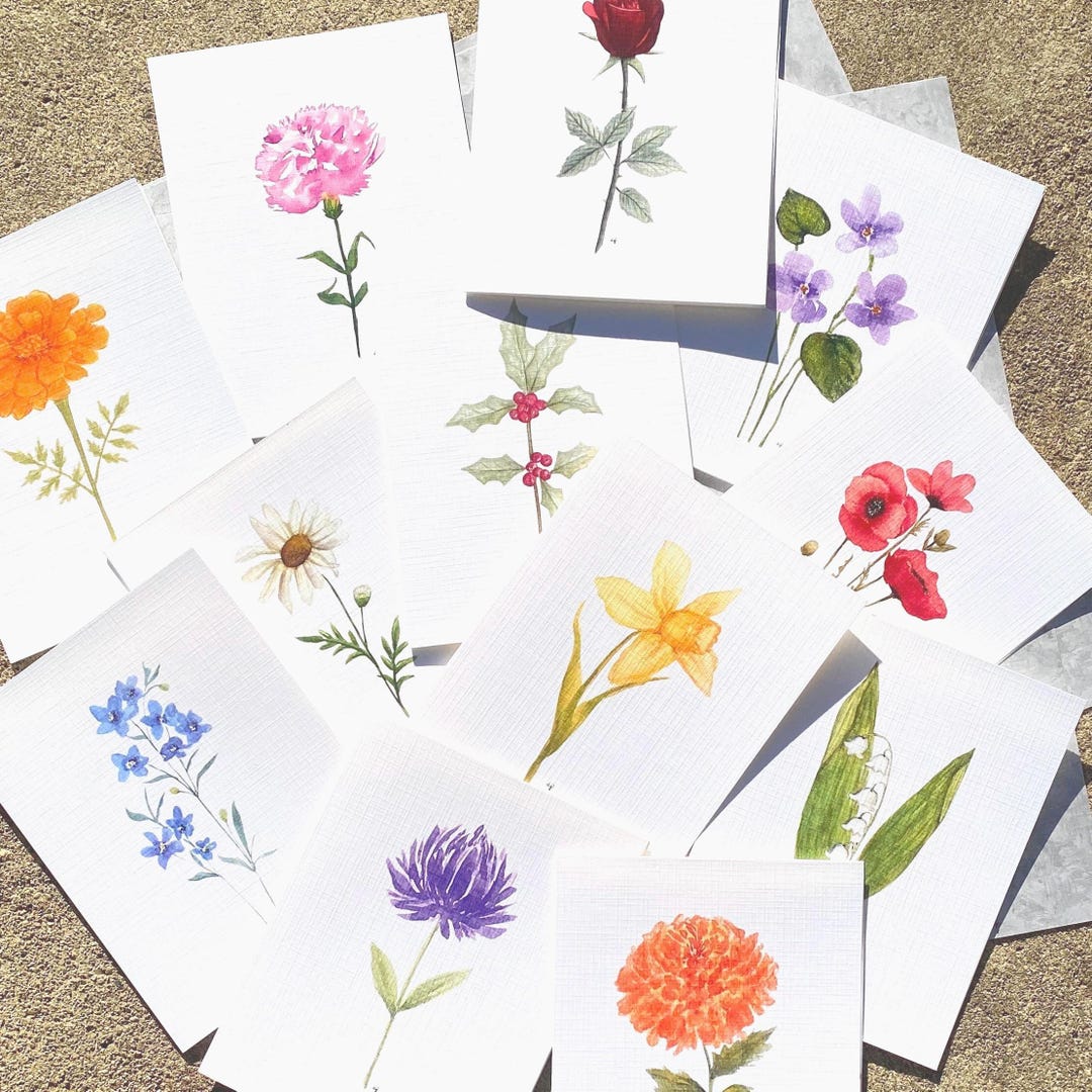 Flower Note Cards-12 Cards-birth Month-single Stem - Etsy