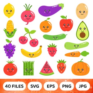 Lindo Kawaii frutas y verduras Clipart Svg, Kawaii dibujos animados frutas y verduras pegatinas, lindo clipart, descarga instantánea Svg Png Jpg Eps