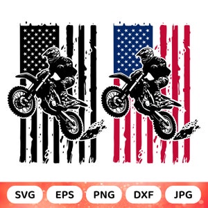 Motorcrosser SVG: noodlijdende vlag van de VS, crossmotor gesneden bestand (download)