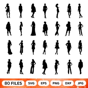80 女性のシルエット SVG、女性のシルエット SVG、女性ベクター、女性 PNG、女性のカット ファイル、カットファイル、女性の形状、SVG EPS PNG Dxf Jpg