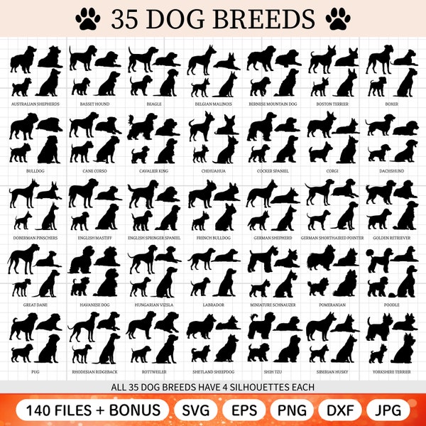 Dog Breeds Silhouette Svg Bundle, Dog Breed Svg, Dog Silhouette Png, Dog Png, Puppy Svg, Dogs Svg, Cut File, Cricut, Dxf Png Eps Svg Jpg