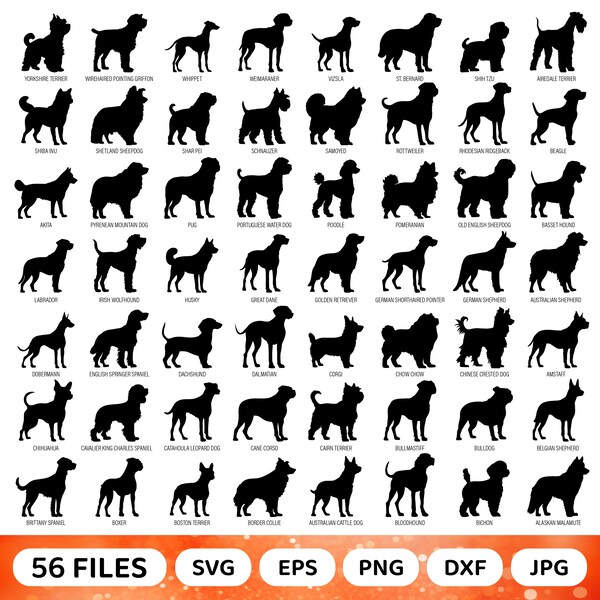 56 Dog Breed Silhouette Bundle, Dog Silhouettes Svg, Dog Breed Svg, Dog Silhouette png, Dog Cut File, Cutting Files, Svg Dog cricut