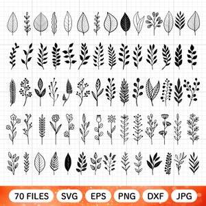 70 枚の葉の SVG バンドル、手描きの葉の SVG、葉の SVG、植物の SVG、植物の SVG、紙の葉、ベクター、カット ファイル、Cricut、Dxf PNG EPS SVG Jpg