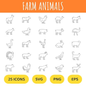 Iconos de animales de granja, animales de granja svg, paquete de animales svg, vida de granja svg, silueta de animales de granja, archivo de corte de animales de granja, vaca pavo cerdo cabra