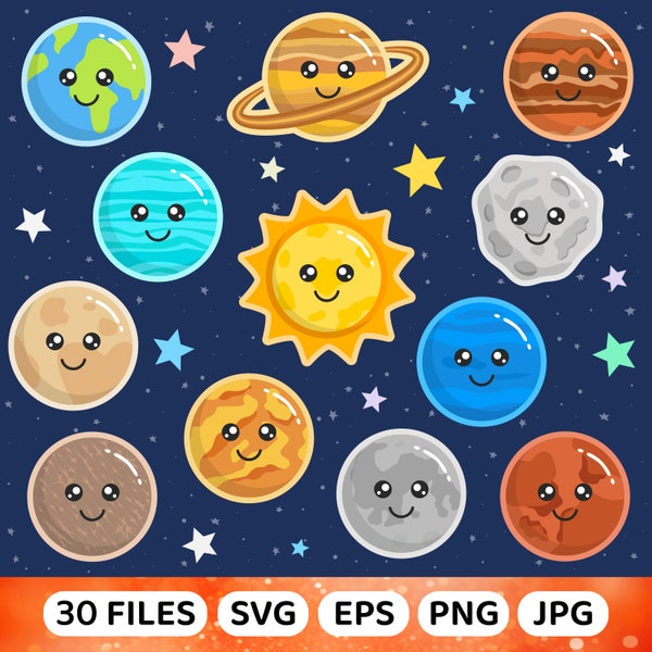 Cute Solar System Clipart SVG, Planets Clip Art Bundle, Planets Png, Galaxy Vector, Kawaii Clipart, Cute Sun Face, Earth Clipart, Moon Svg