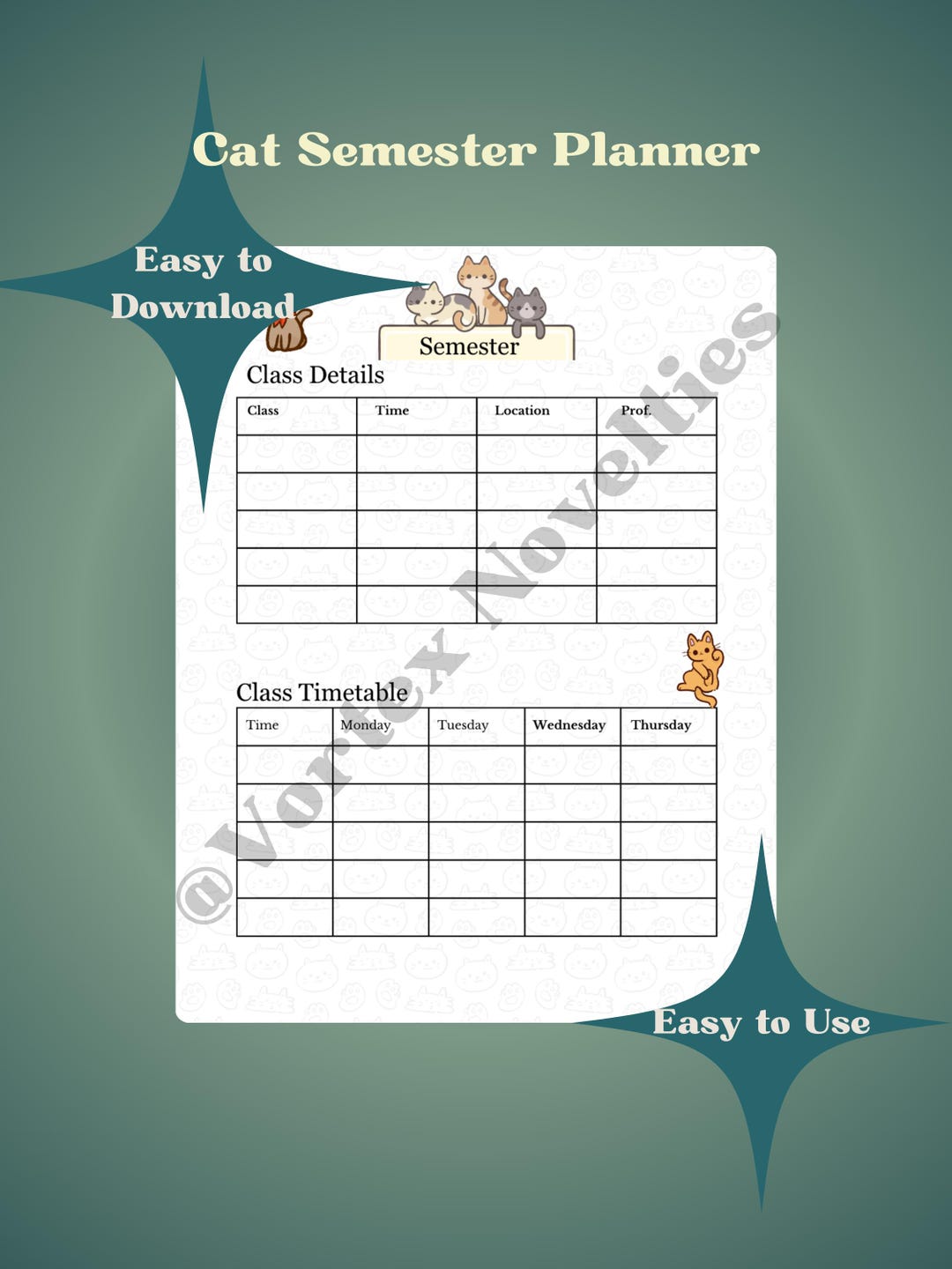 Adorable Cat Aesthetic Student School Semester Planner Digital Template ...