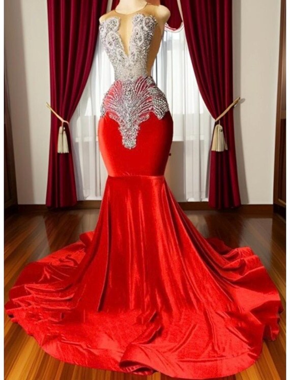 Red and Silver Mermaid Prom Dress - Etsy Israel Red and Silver Mermaid Prom Dress - Etsy Israel