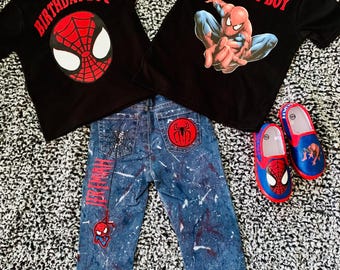 Tenue d'anniversaire personnalisée Spider Man/Anniversaire d'enfants/tenue d'araignée/pantalon Spiderman Chemises enfants personnalisées, chemise Spidey, chemise anniversaire garçon