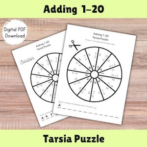 May include: Black and white printable worksheet for kids to practice adding numbers 1-20. The worksheet features a circular puzzle with 12 sections, each containing an addition problem. The solution is provided on a separate sheet.
