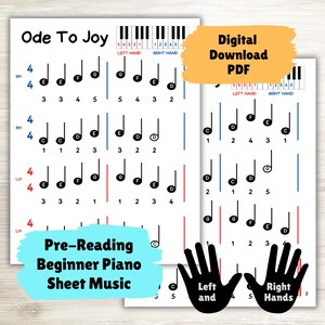 May include: A printable sheet music for the song "Ode to Joy" for beginner piano players. The sheet music is designed for pre-reading learners and includes hand diagrams for left and right hands.