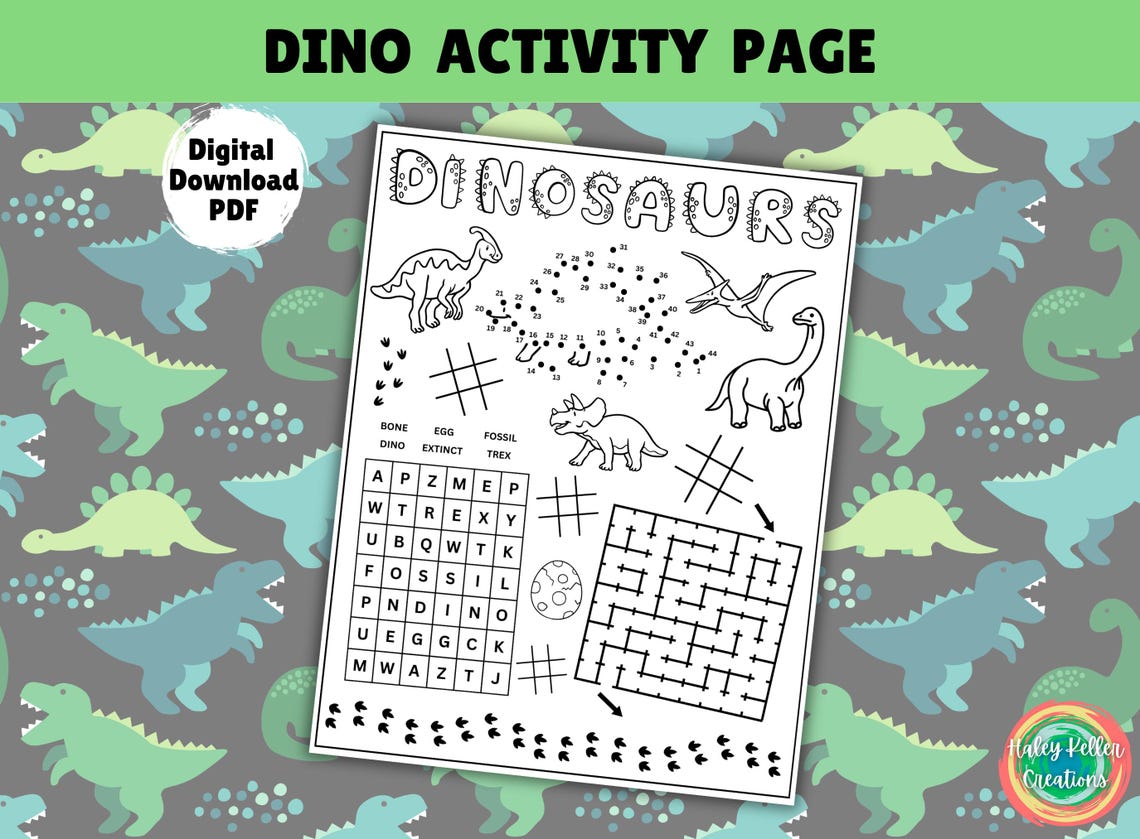 Dinosaurs Coloring Activity Page, Kids Dinosaur Birthday Party Placemat ...
