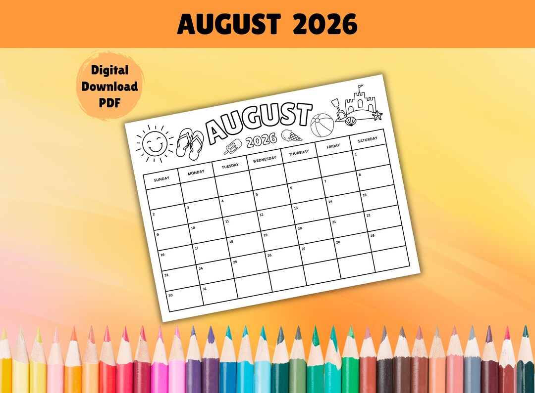 August 2026 Coloring Calendar, Printable August Calendar Activity, Kids ...